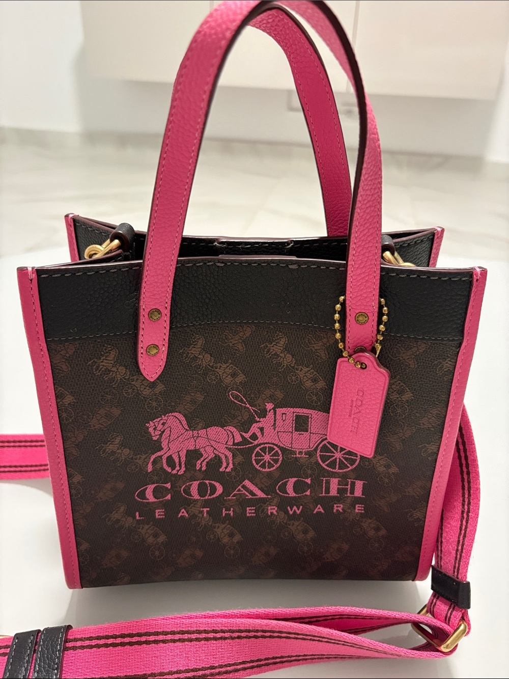 Coach Brown Signature Canvas Mini Tote with Pink Trim